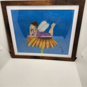 Hand Crafted Fairy On A Flower Colored Pencil Drawing Framed 9x11"